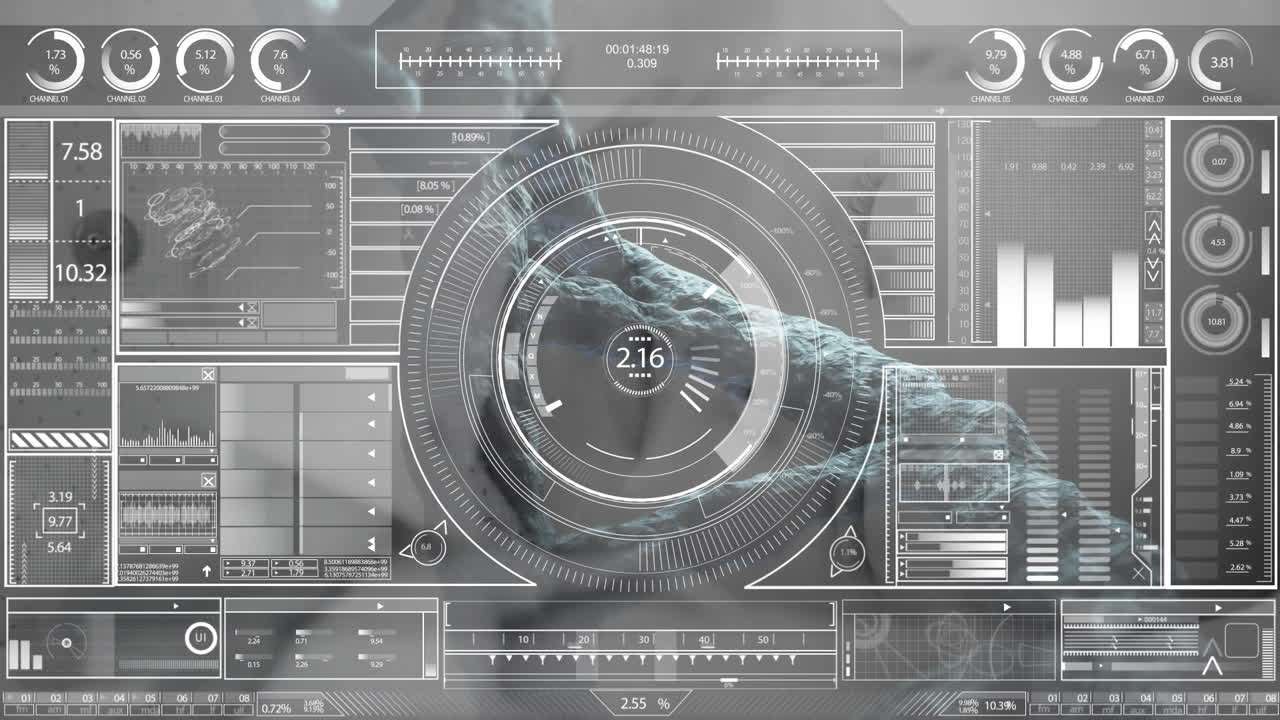 회색 배경에 dna 줄에 대한 스 스캔과 함께 데이터 처리의 애니메이션