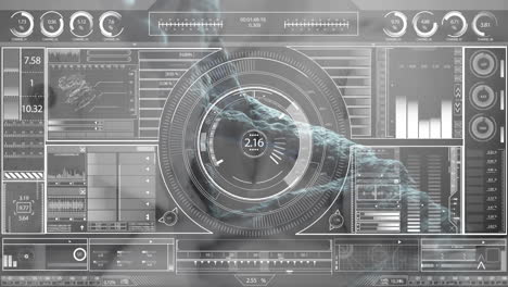 Animation of data processing with scope scanning over dna strand on grey background