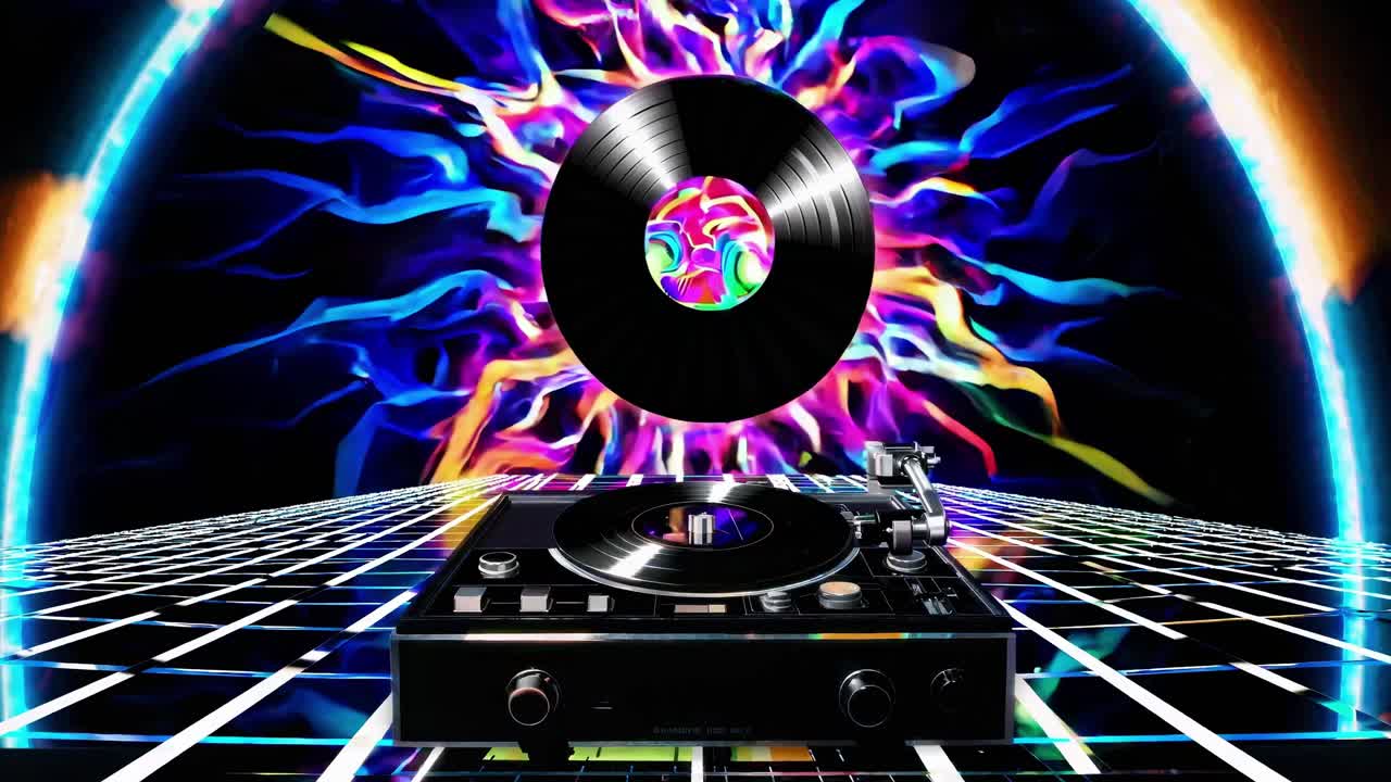 Retrofuturistisk videokonsept med lav vinkel av en platespiller og vinyl mot en levende