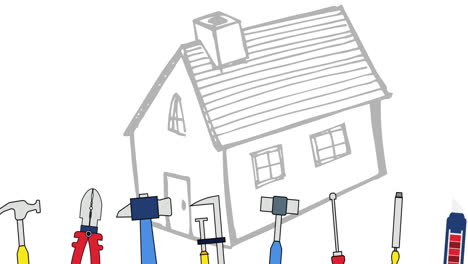 animación de los iconos de las herramientas sobre el dibujo de la casa