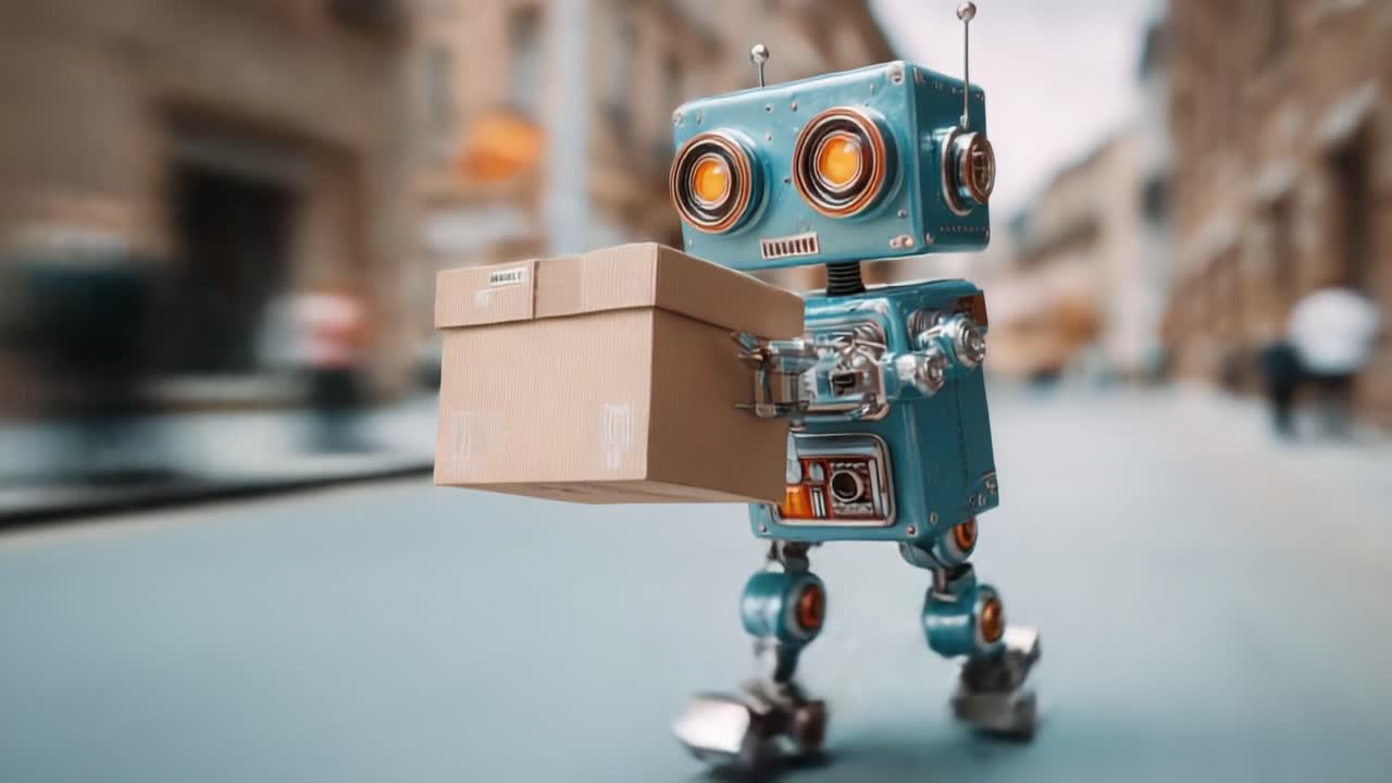 A Charming Robot Delivers a Package with Joy as It Strolls Through an Urban Setting, Showcasing a Blend of Retro Style and Modern Technology