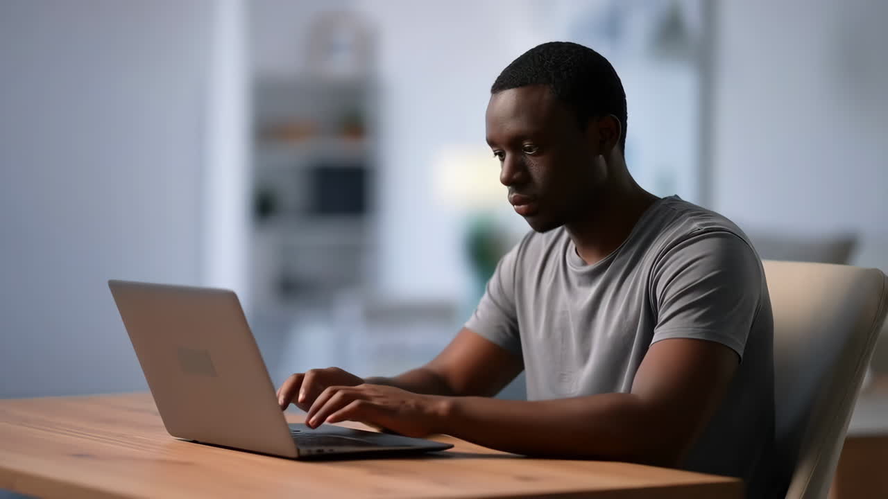 Young African American man working on laptop at home