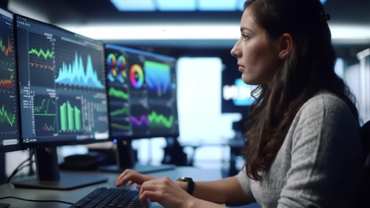 Focused Female Analyst Interpreting Complex Data Visualizations on Multiple Computer Screens in a Modern Tech Environment