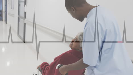 animación de cardiógrafo sobre diversas pacientes de edad avanzada en silla de ruedas y enfermera