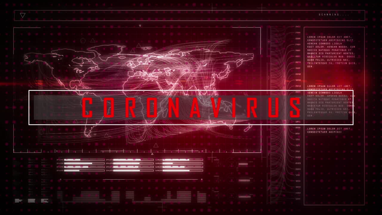 animación del texto del coronavirus sobre el procesamiento de datos y el mapa del mundo en fondo negro.