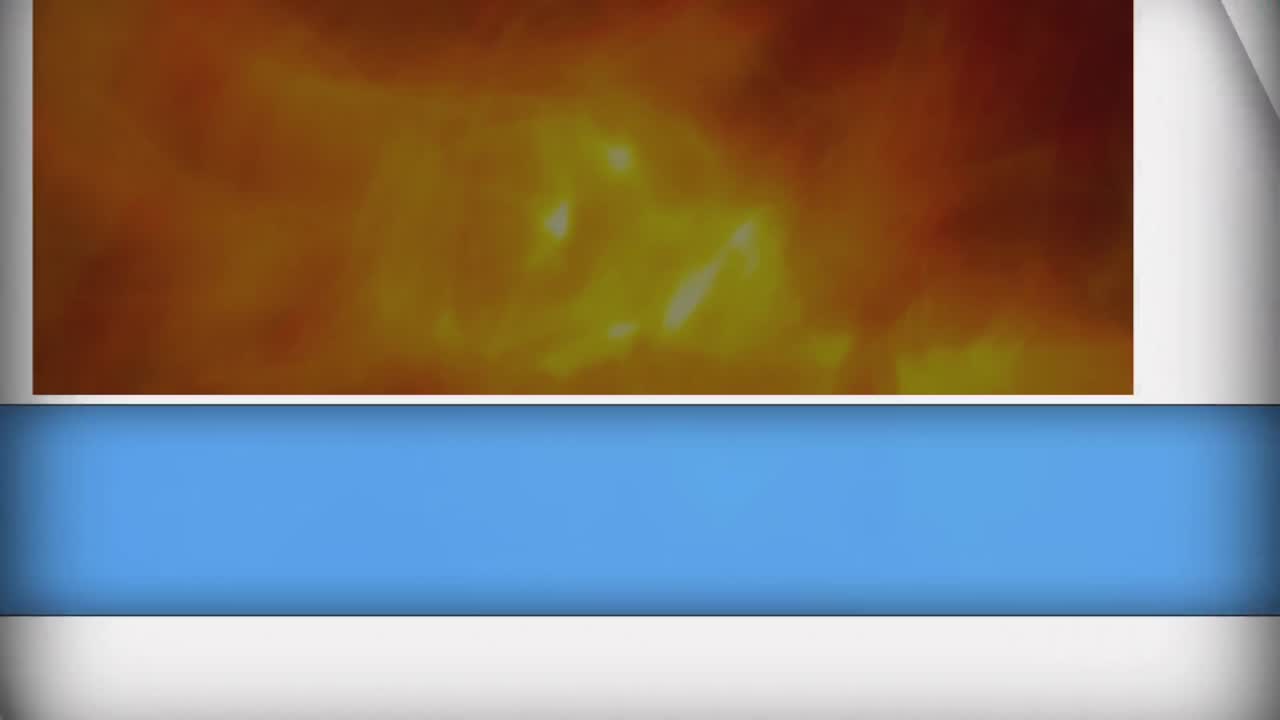 la animación de paneles azules y blancos se abre sobre ondas naranjas sobre fondo negro