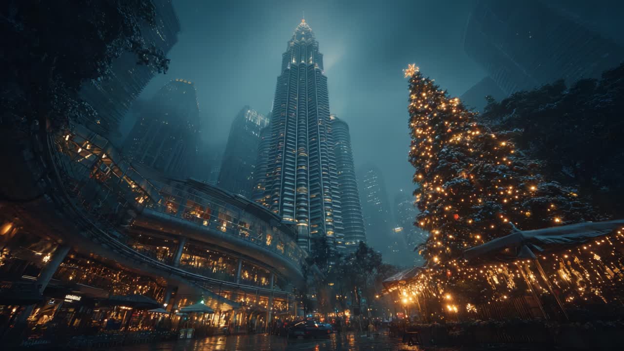 A Stunning Night View of a City Skyline Illuminated by Festive Lights and a Grand Christmas Tree, Towering Skyscrapers Covered in Mist During the Holiday Season