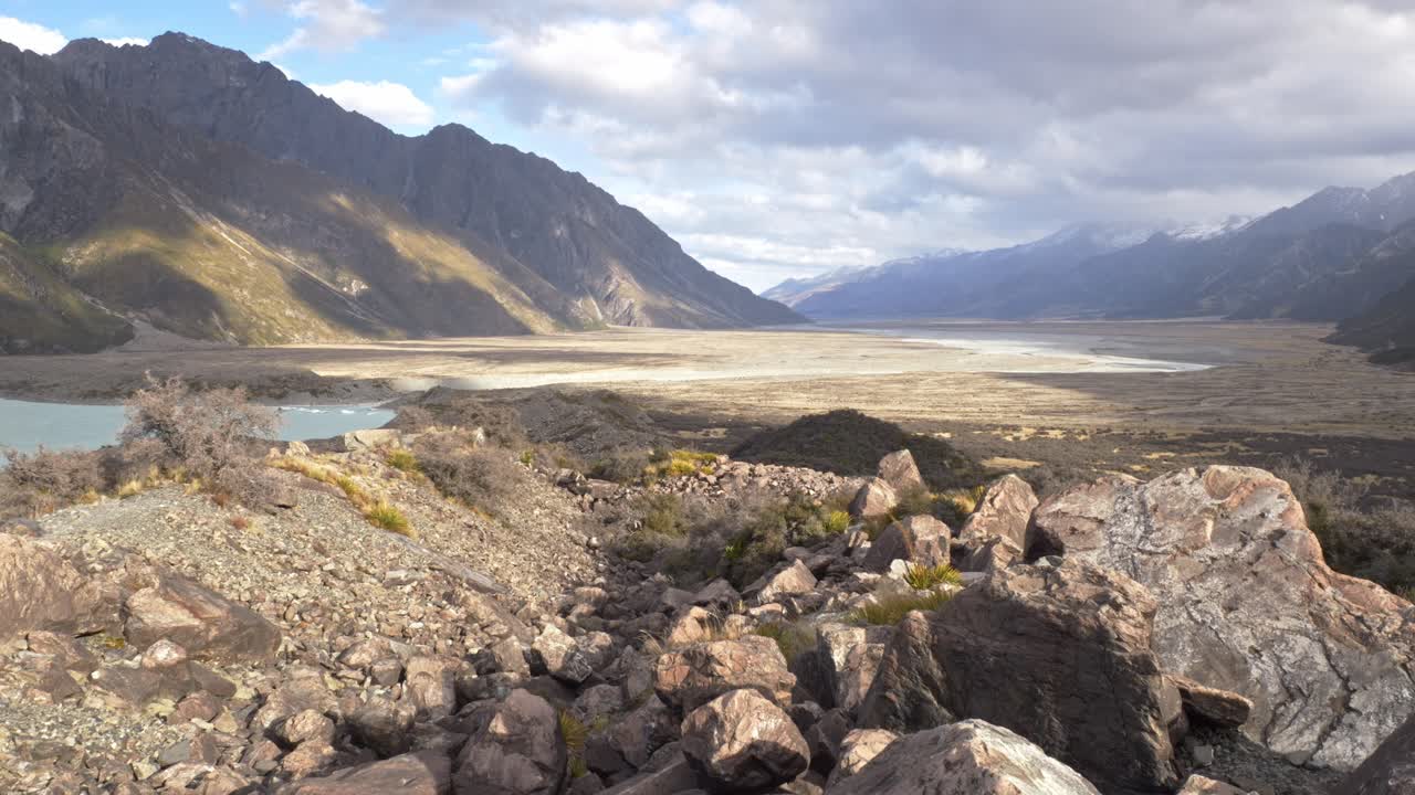Glacier Lake And River, Aoraki Mount Cook National Park In South Island, New Zealand - Wide Shot