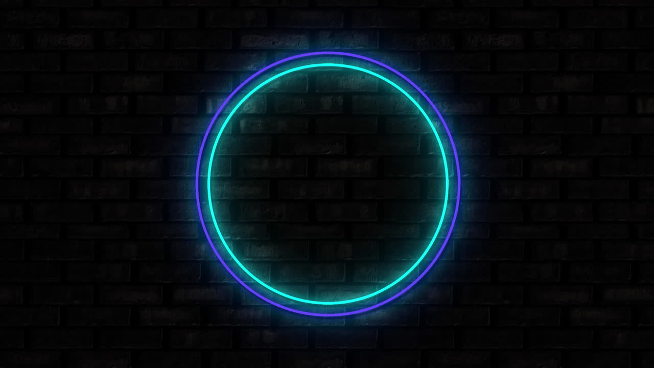 검은 벽돌 벽 배경에 조명 된 파란색 원 네온 표지