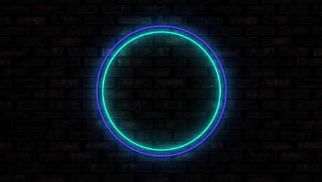 signo de neón de círculo azul iluminado en un fondo de pared de ladrillo negro