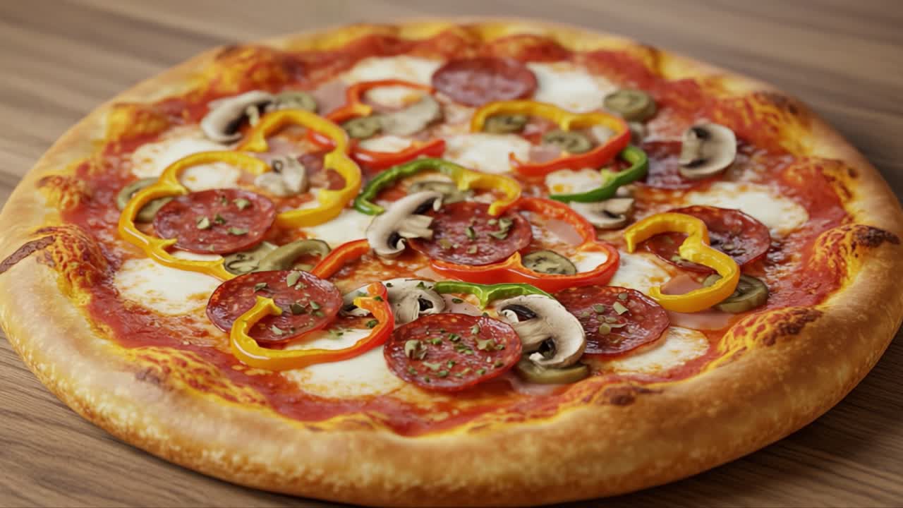Pizza al Pepperoni e Verdure Deliziosamente Preparata con Peperoni Colorati e Funghi su una Crosta Dorata, Perfetta per Ogni Riunione o Pasto