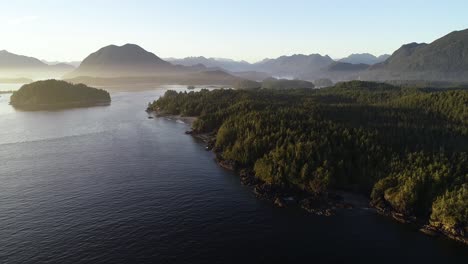 aerial view of idyllic landscape and coastline, vancouver island, tofino, canada on sunset sunlight