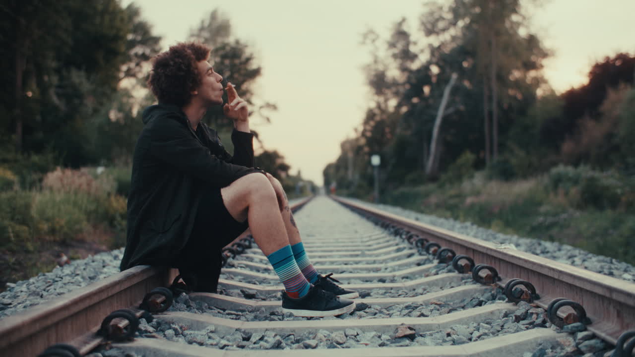 Uomo che fuma sui binari del treno al tramonto