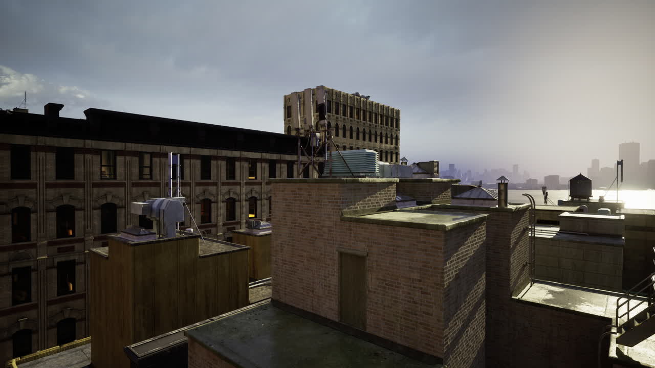 Urban rooftops in a cloudy sky revealing an industrial landscape