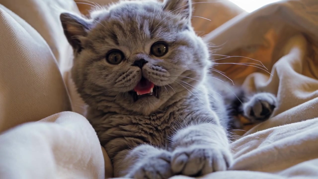 Kucing British Shorthair Abu-abu Lucu Menguap dan Merawat Diri di Atas Tempat Tidur