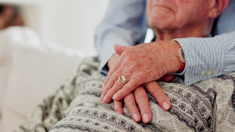 senior couple, hands and closeup hug for marriage