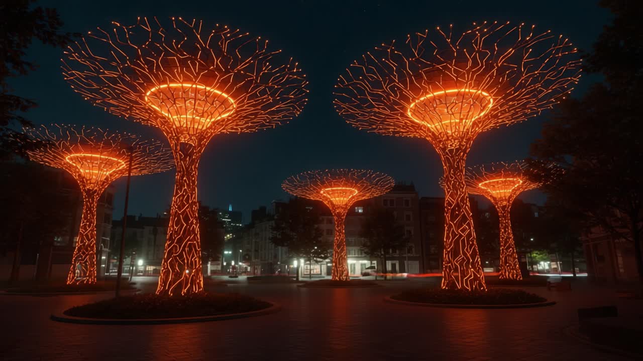 Illuminated Nightscape: A Stunning Display of Artistic Tree Structures Embellished with Glowing Orange Lights in a Vibrant Urban Setting