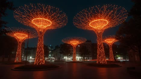 illuminated nightscape: a stunning display of artistic tree structures embellished with glowing orange lights in a vibrant urban setting