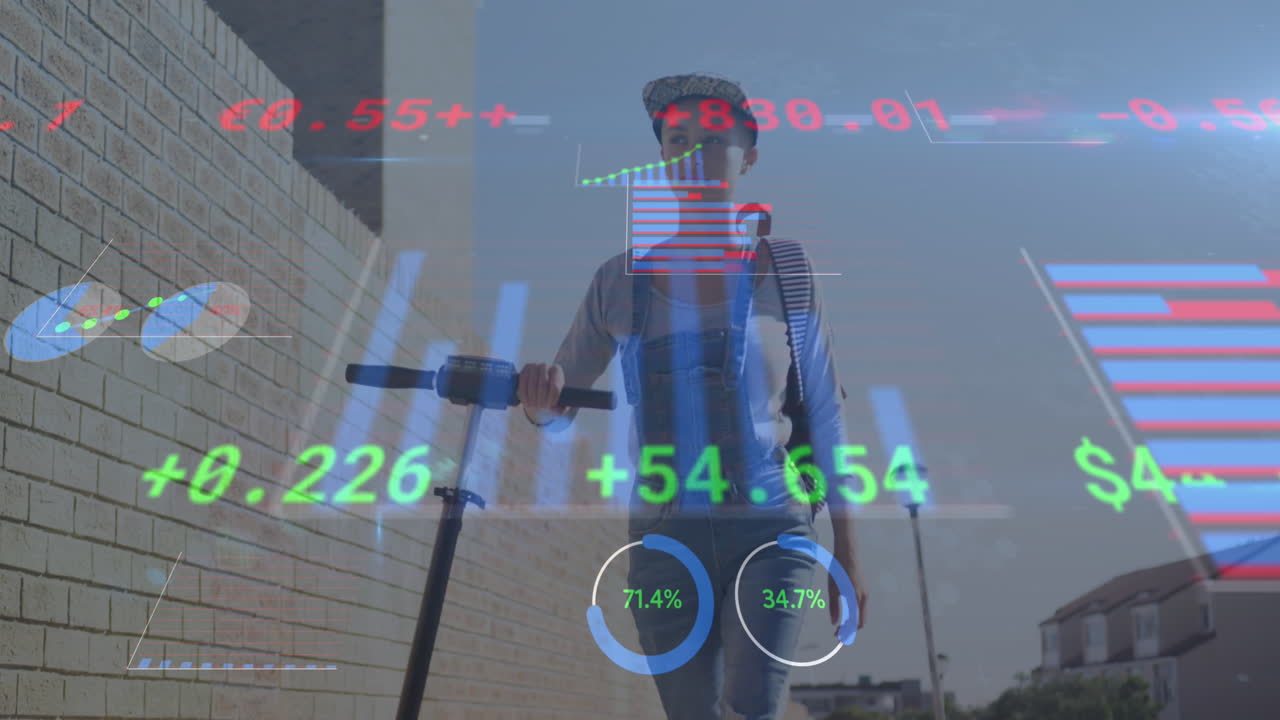 animación de gráficos y tablero de negociación sobre mujer caucásica caminando con scotter contra el cielo