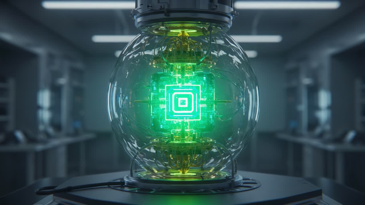 A Detailed Look at an Advanced Quantum Computing Core: Exploring the Intricate Design and Technology Behind the Transparent Sphere Housing Innovative Circuits