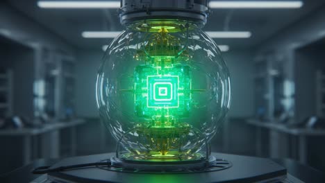 A Detailed Look at an Advanced Quantum Computing Core: Exploring the Intricate Design and Technology Behind the Transparent Sphere Housing Innovative Circuits