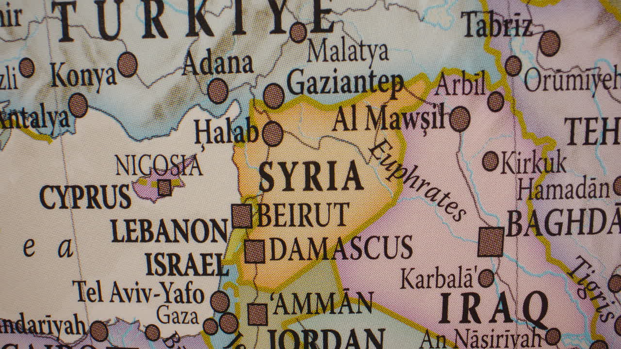 Close-up of a political map showing the Middle East region including Syria, Lebanon, and Iraq