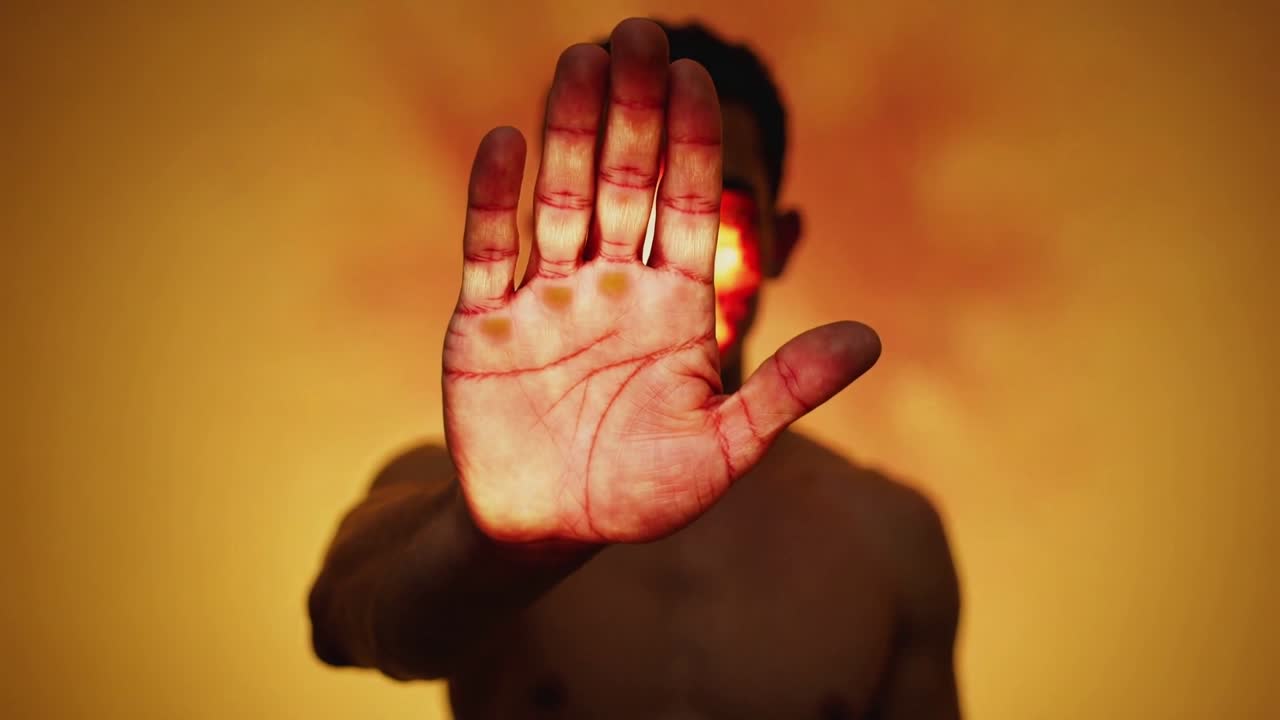 Uomo a torso nudo stende il palmo della mano verso l'obiettivo in studio, con una fiamma che si sposta sul palmo, bloccando la vista.