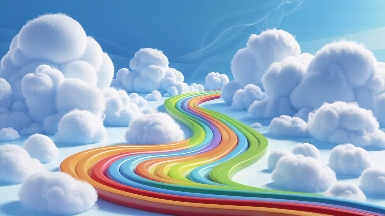 Whimsical Rainbow Path Winding Through Fluffy Clouds