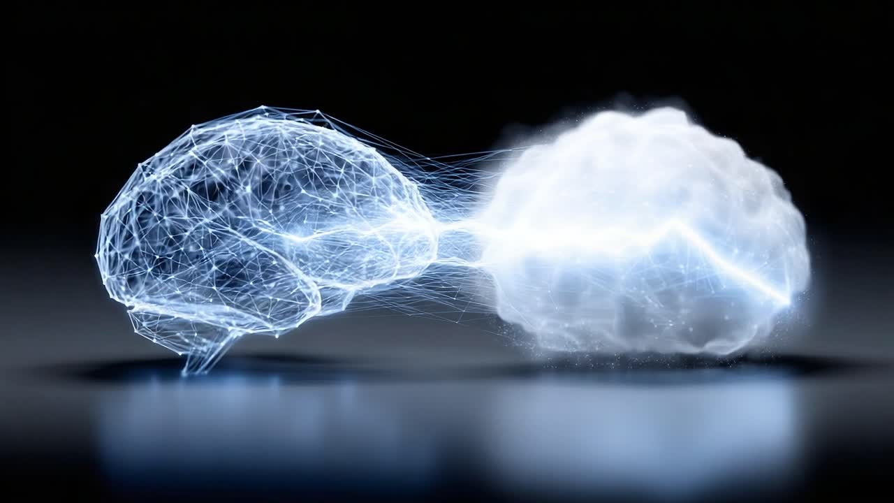 Una visualizzazione sorprendente della connettività cerebrale che mostra l'interazione neurale dinamica rappresentata attraverso la luce e l'energia in un'opera d'arte digitale futuristica