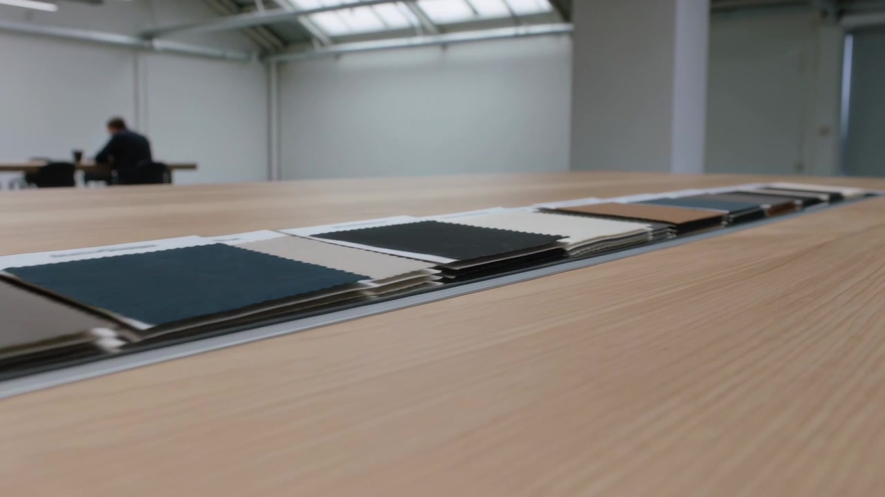 Gliding camera revealing stacked fabric swatches in recessed metal channel on long table for review