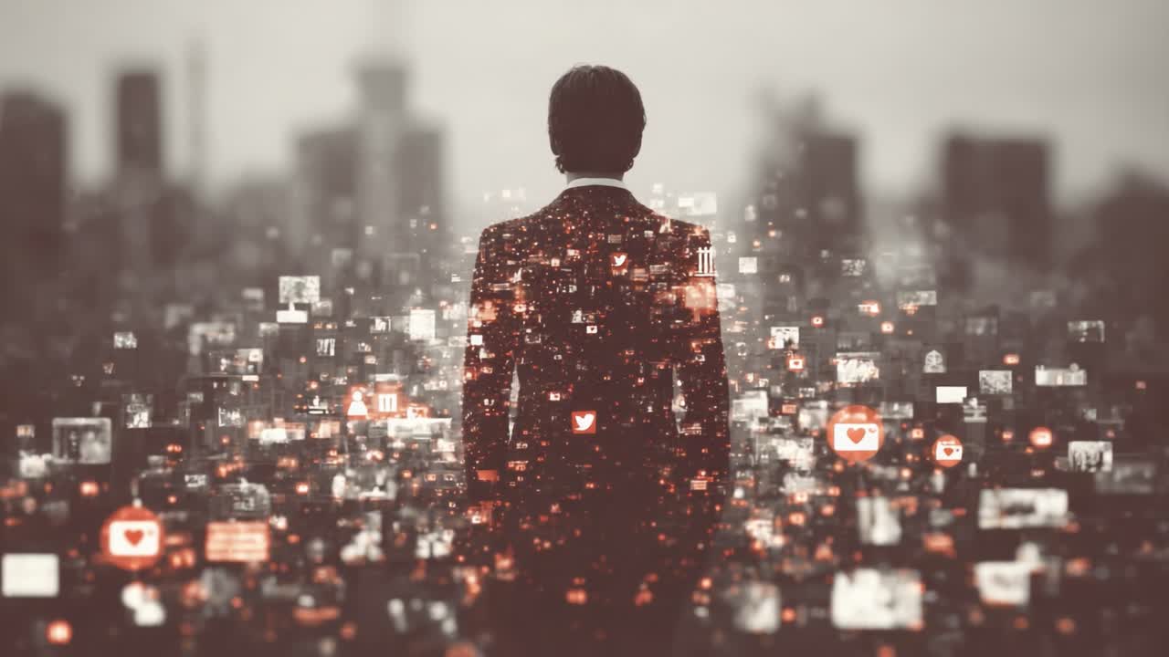 A contemplative figure stands before a vast digital landscape filled with social media icons and imagery, reflecting the immersion in the virtual world of connectivity and information