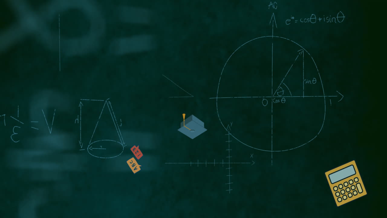 수학 방정식과 학교 개념 아이콘의 애니메이션이 텍스처 된 녹색 배경에 있습니다.