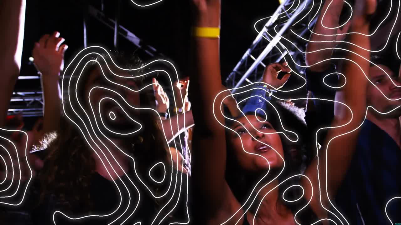 Animation of contour lines over crowd of people having fun at music concert