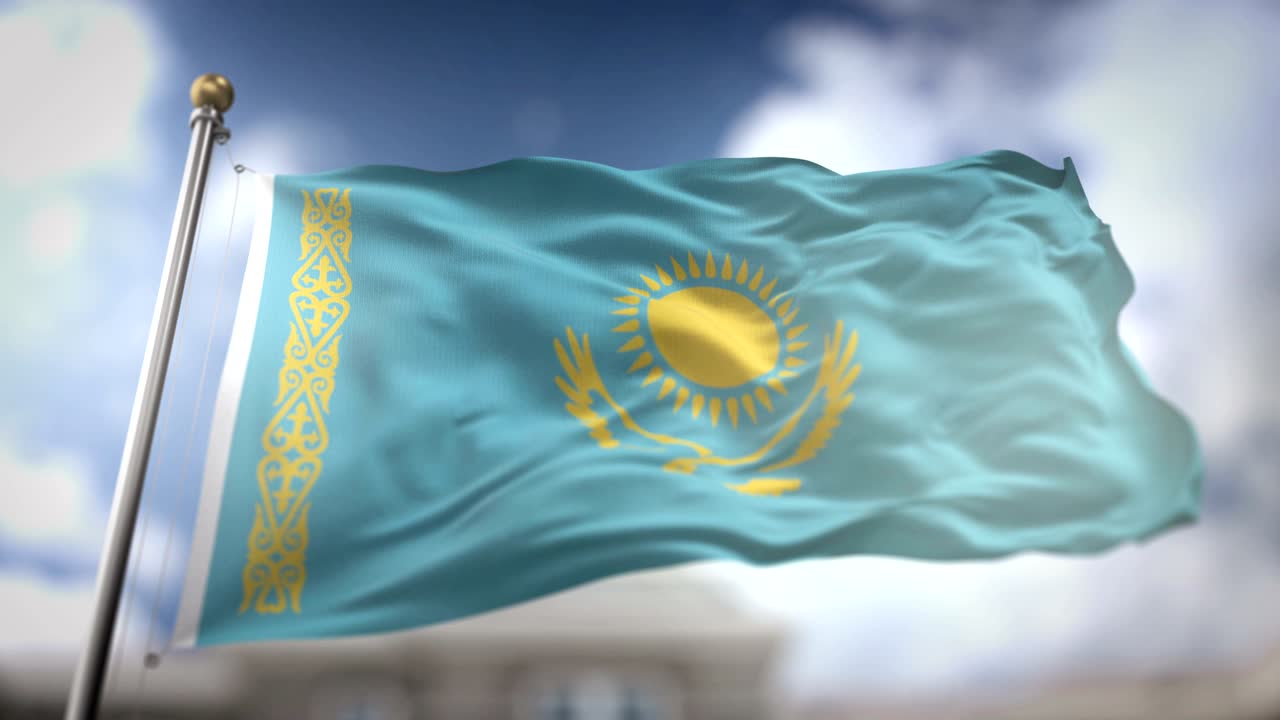 Kazakstans flagga vajar i slow motion 3D-rendering blå himmel bakgrund - sömlös loop 4K