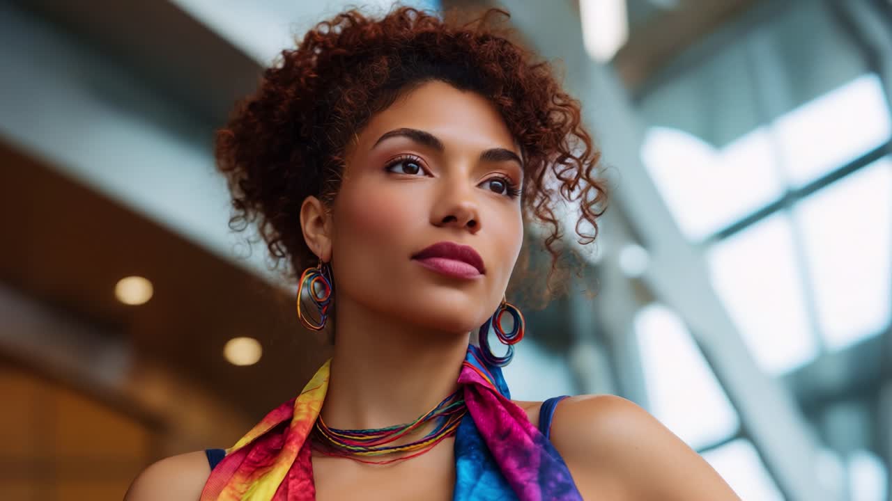 Portrait captivant d’une femme portant des accessoires colorés dans un intérieur moderne, mettant en valeur l’élégance et un style unique avec une pose saisissante