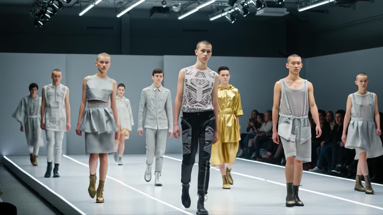 A Stunning Fashion Show Featuring a Lineup of Unique Models Strutting Down the Runway in Innovative Outfits That Blend Style with Modern Aesthetics