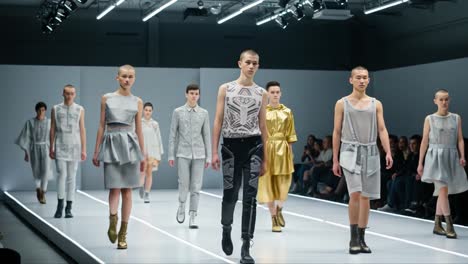 a stunning fashion show featuring a lineup of unique models strutting down the runway in innovative outfits that blend style with modern aesthetics