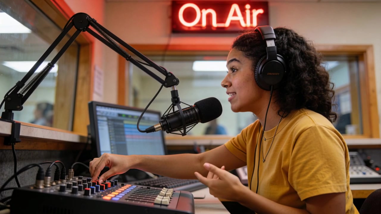 Justerer mixer, vært i gul T-shirt taler i radiostudie til live-show, efter at "On Air"-skiltet lyser.