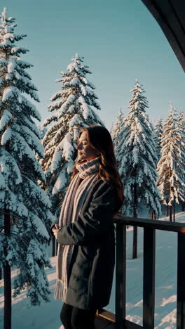 woman enjoying the warm winter sun amidst a snowy landscape