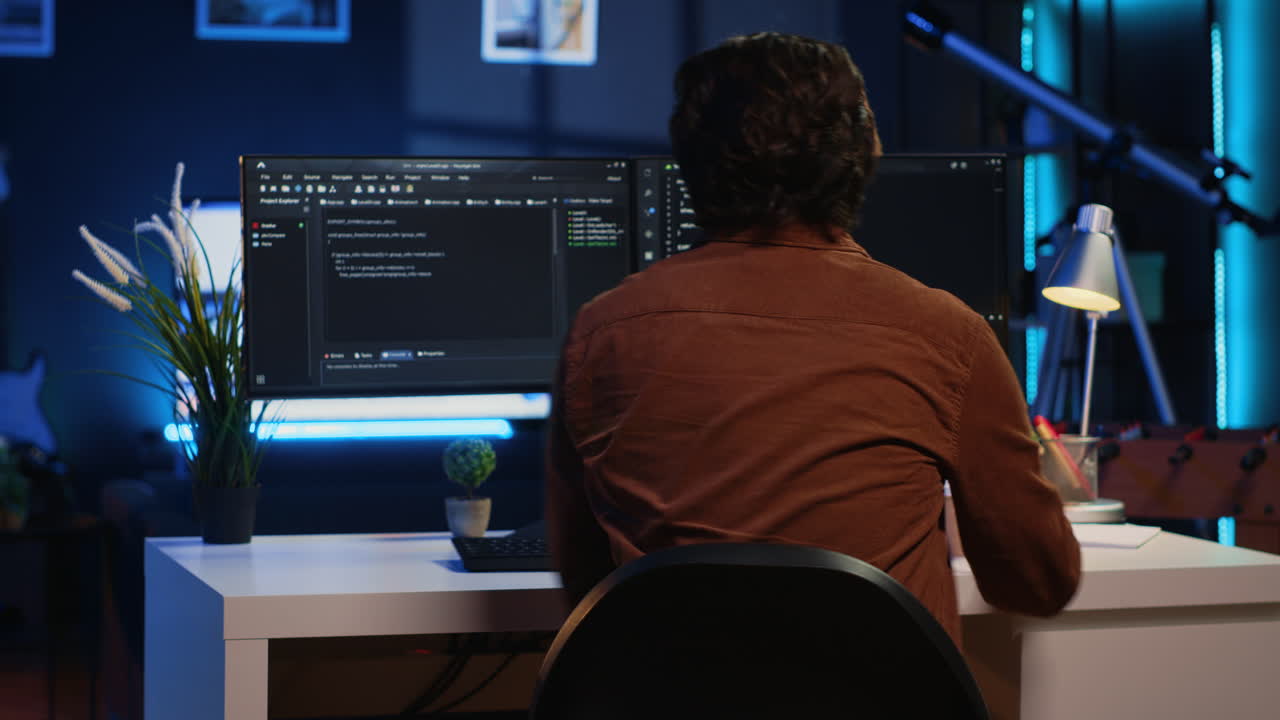 Remote software developer arriving in office at home, starting job shift