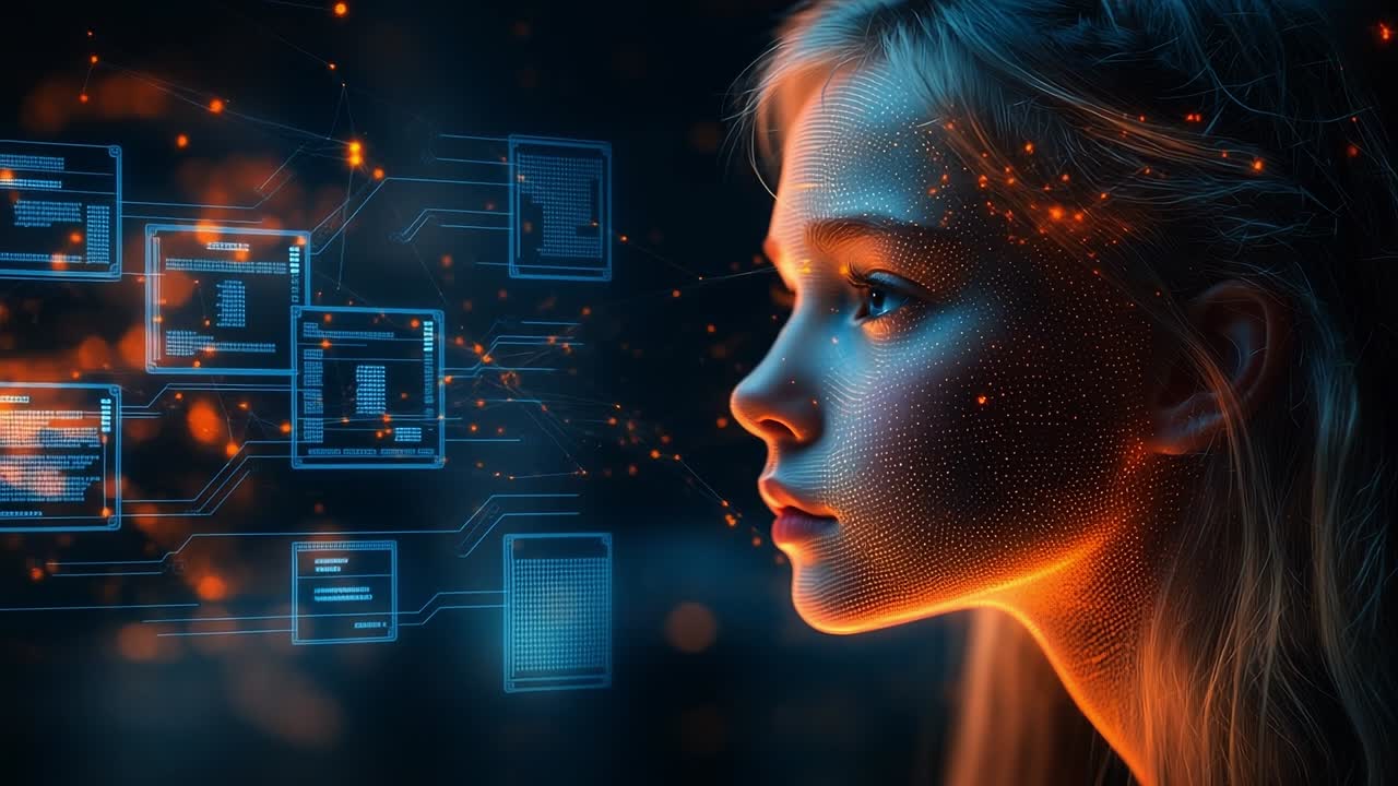 AI and human interaction exploration. A young woman gazes thoughtfully while data streams and digital patterns surround her, symbolizing technology's impact.