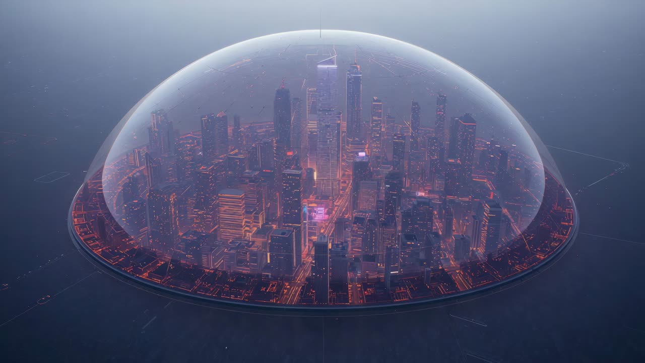 Pulsing central lights, camera pulling back revealing dome city on circular base, showing neon hubs