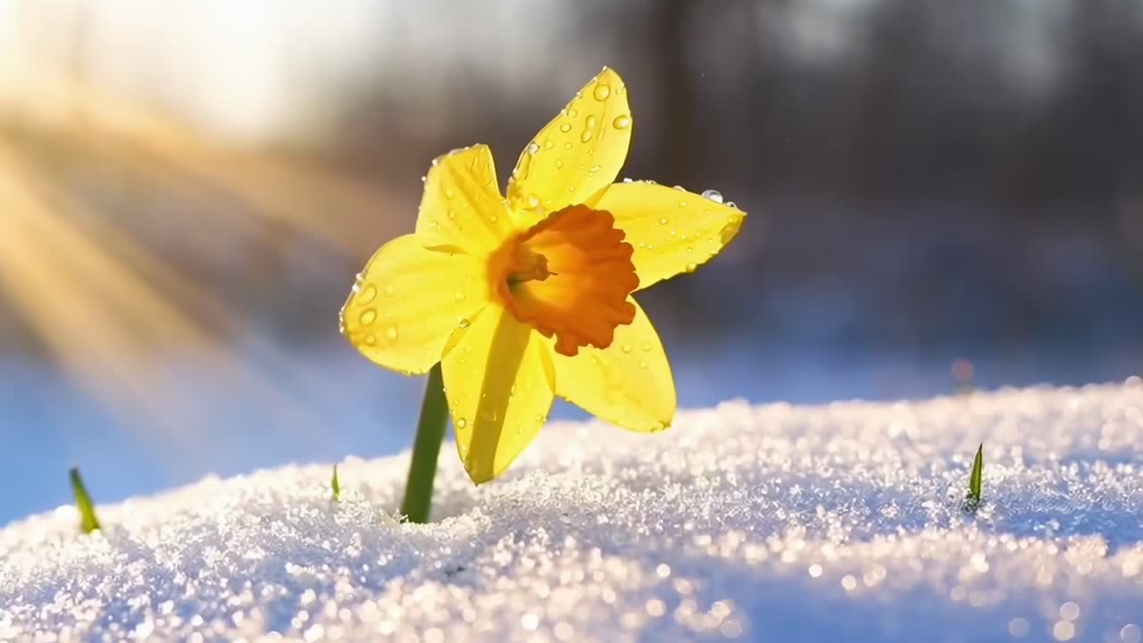 Video ravvicinato di un narciso nella neve, ripreso a livello del suolo con la luce del sole che filtra, Live