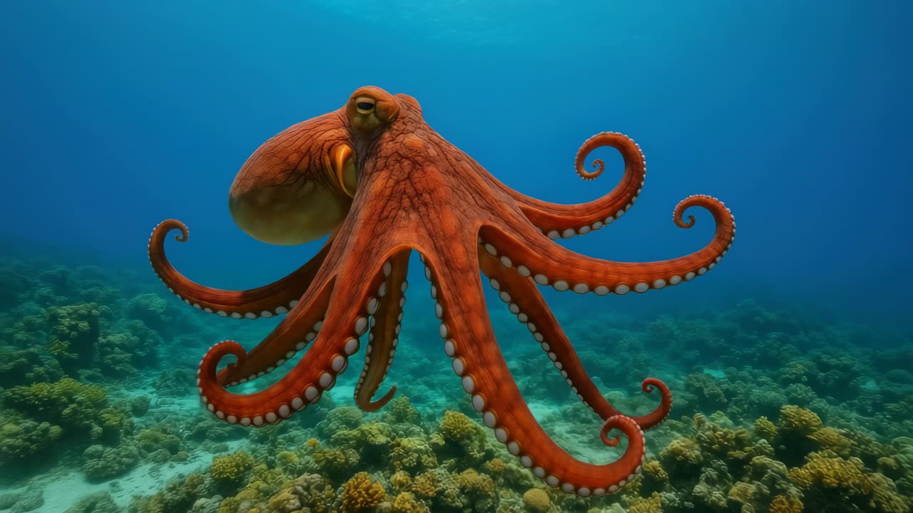 Underwater video still of a vibrant orange octopus gliding over coral reefs