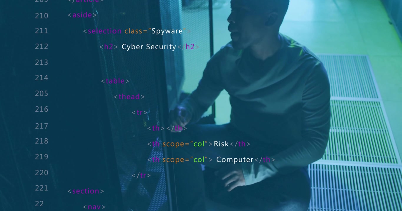 IT engineer entering aisle kneeling at rack adjusting cable under shifting cybersecurity overlays