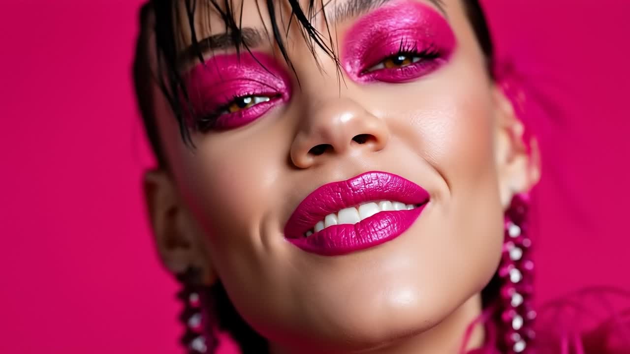 un primer plano de una mujer con maquillaje rosa y lápiz labial rosa