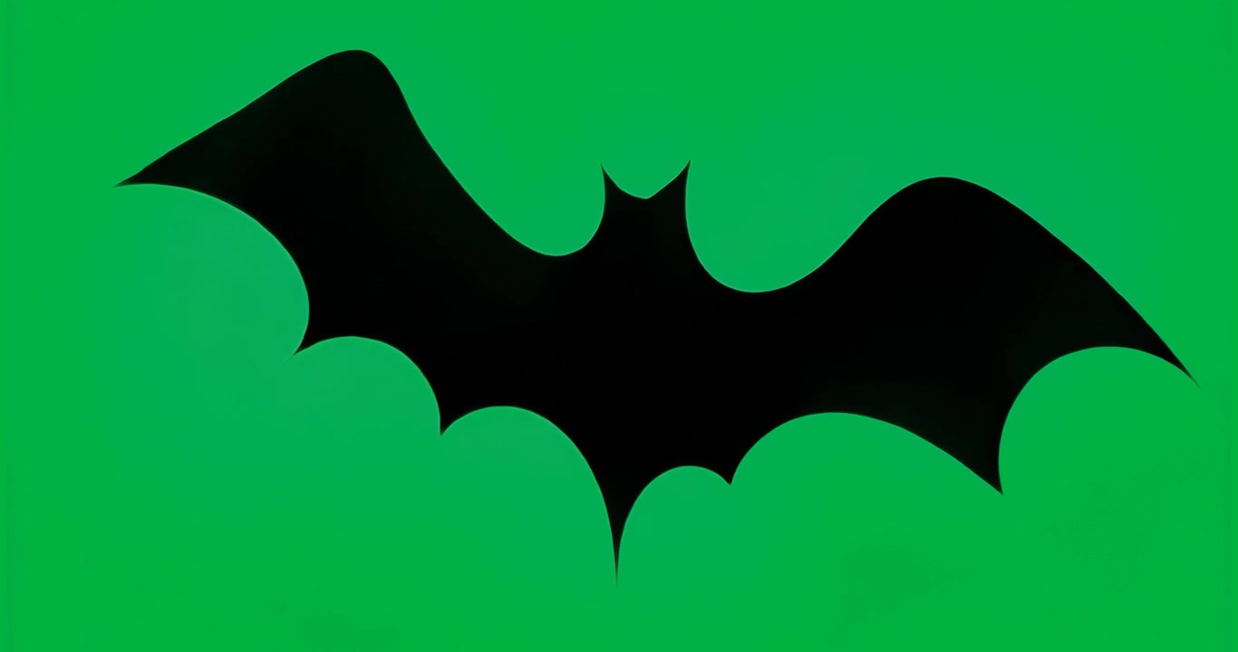 Silhouette di pipistrello che appare a sinistra con un'aura blu pulsante, scivolando a destra e mostrando il marchio su tela trasparente.