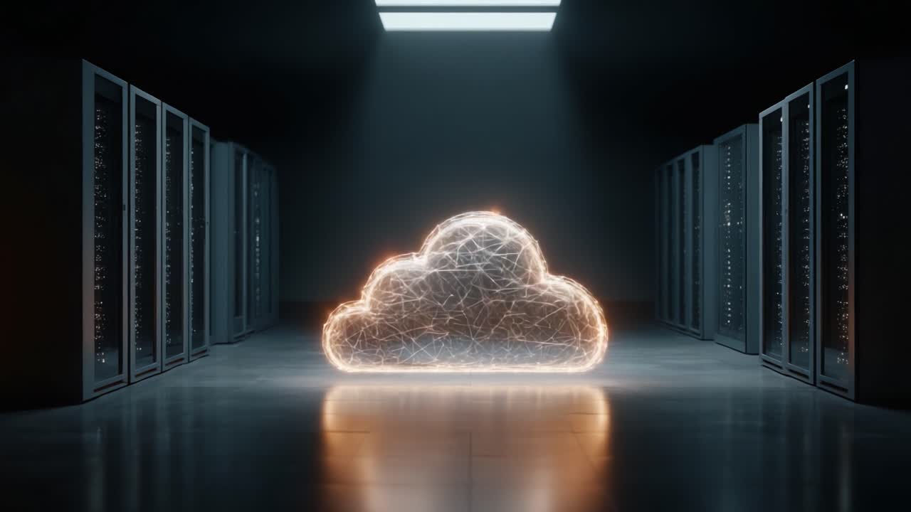 A Futuristic Data Center Featuring Glowing Cloud Technology Surrounded by Advanced Server Racks, Symbolizing Connectivity and Modern Computing Infrastructure