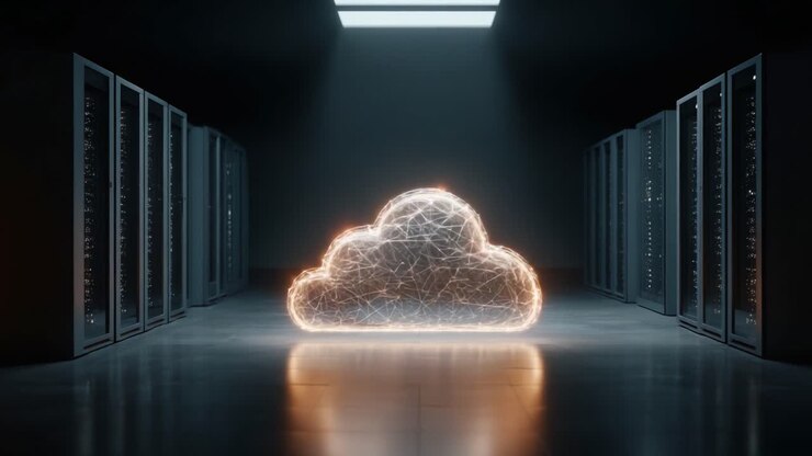 Et futuristisk datacenter med lysende cloud-teknologi omgivet af avancerede serverracks, der symboliserer forbindelse og moderne computerinfrastruktur