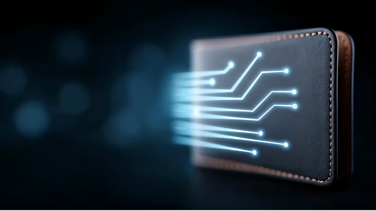 Glowing circuit digital wallet. A digital wallet shows bright circuits on a dark background, symbolizing modern finance and innovation